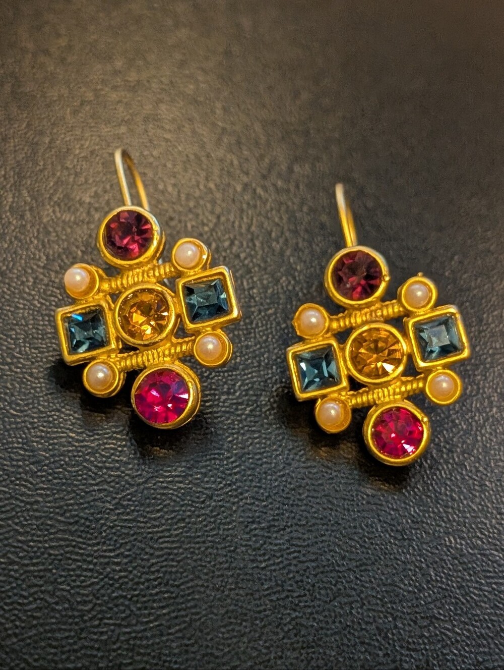 Vintage Byzantine Revival Jewel Tone Rhinestone Leverback Earrings